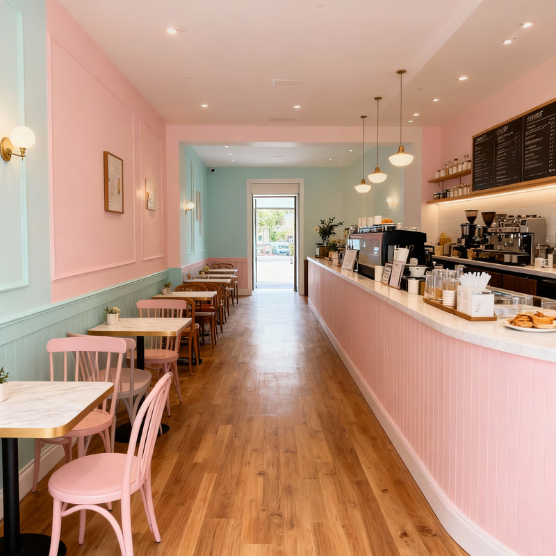 Charming Cafe in Pastel Colors and Wood Floors Charming Cafe in Pastel Colors and Wood Floors
