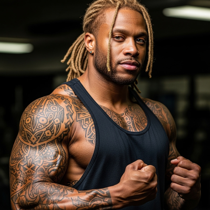 Muscular Black Man with Long Dreads and Tattoos