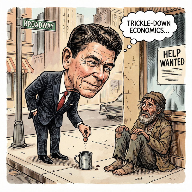 Political Cartoon of Ronald Reagan Giving to Homeless