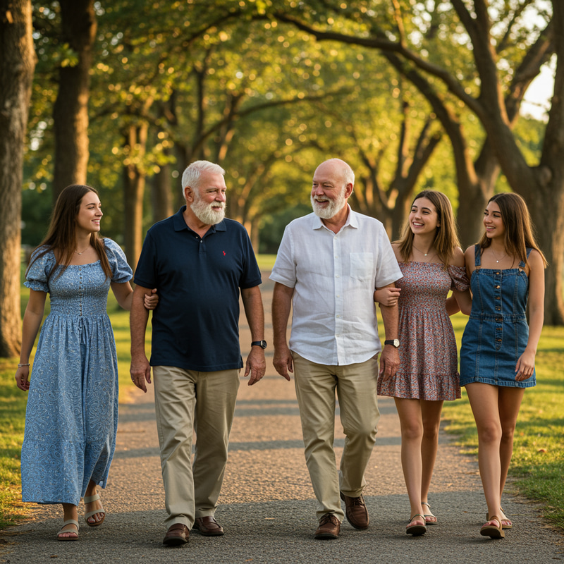 Retired Brothers and Daughters Walking Together Retired Brothers and Daughters Walking Together