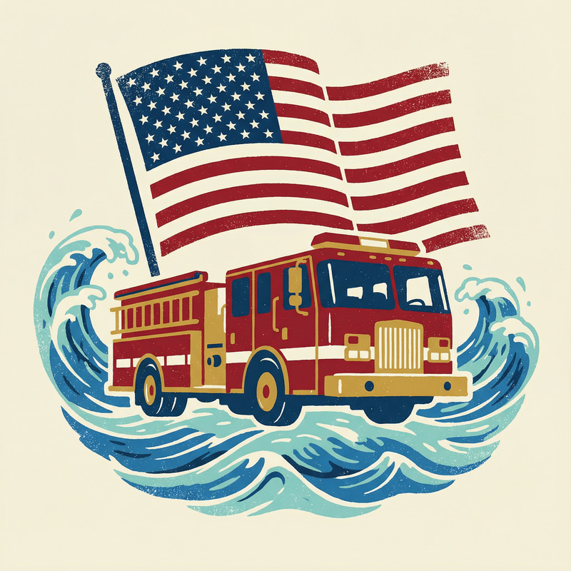 Fire Engine Illustration Under American Flag