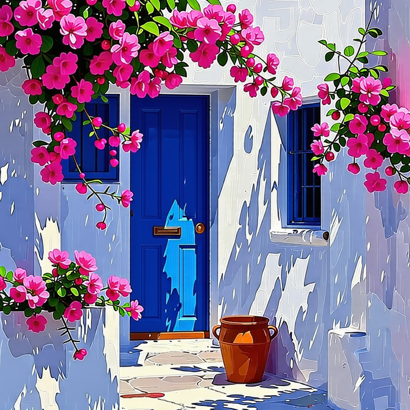 Santorini Blue Door & Pink Flowers Painting Santorini Blue Door & Pink Flowers Painting
