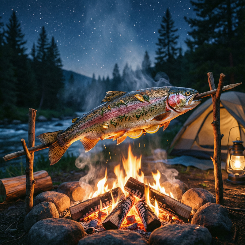Rainbow Trout Cooking Over Campfire - Nighttime Delight Rainbow Trout Cooking Over Campfire - Nighttime Delight