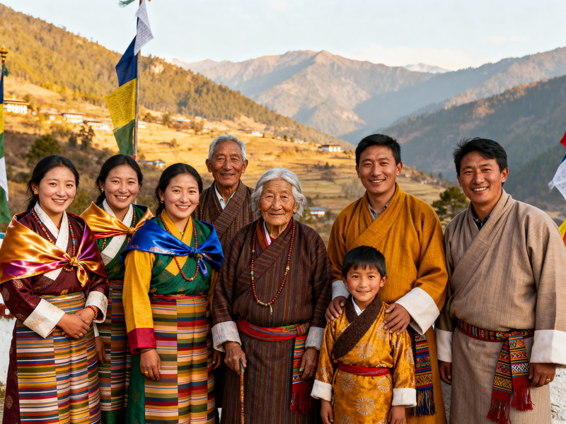 Traditional Bhutanese Attire in a Scenic Landscape