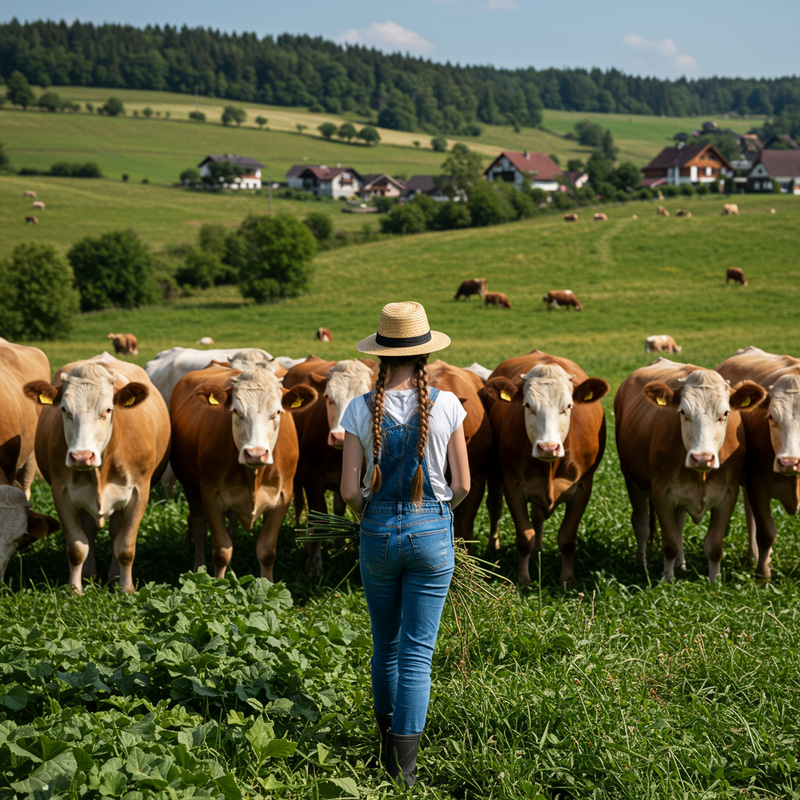 Village Girl Working on Farm with Grazing Cattle Village Girl Working on Farm with Grazing Cattle