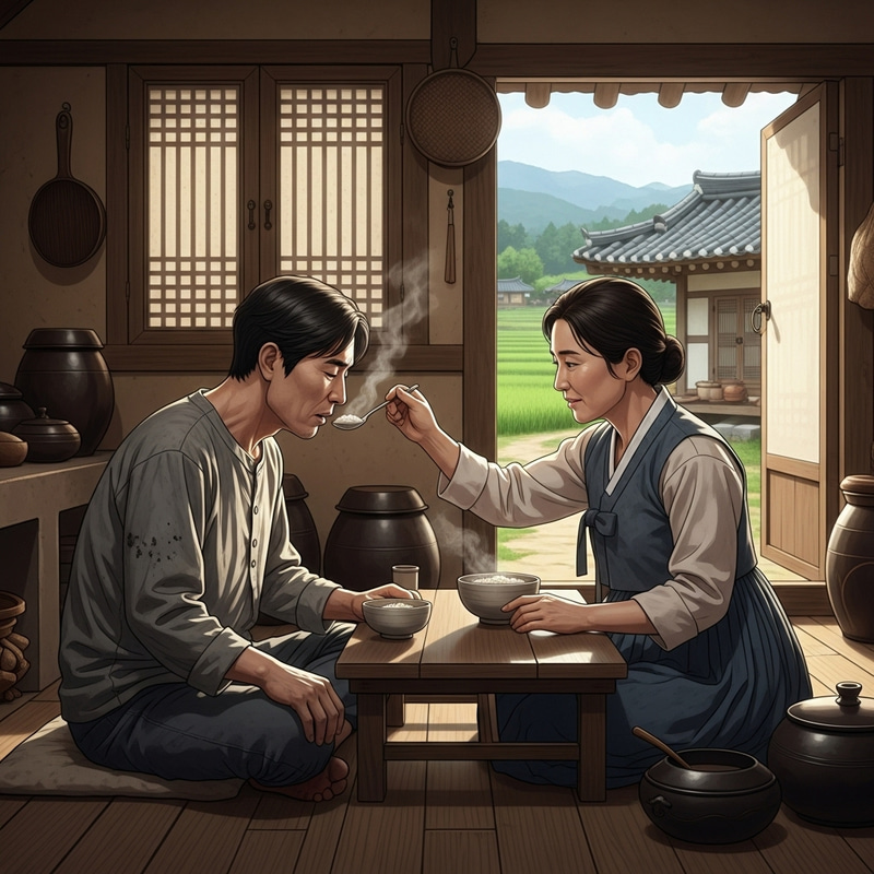 Tender Care: Korean Woman Feeds Man Rice Porridge Tender Care: Korean Woman Feeds Man Rice Porridge