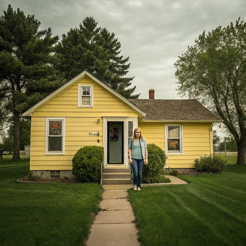Woman Leaving a Yellow House - Captivating Scene Woman Leaving a Yellow House - Captivating Scene