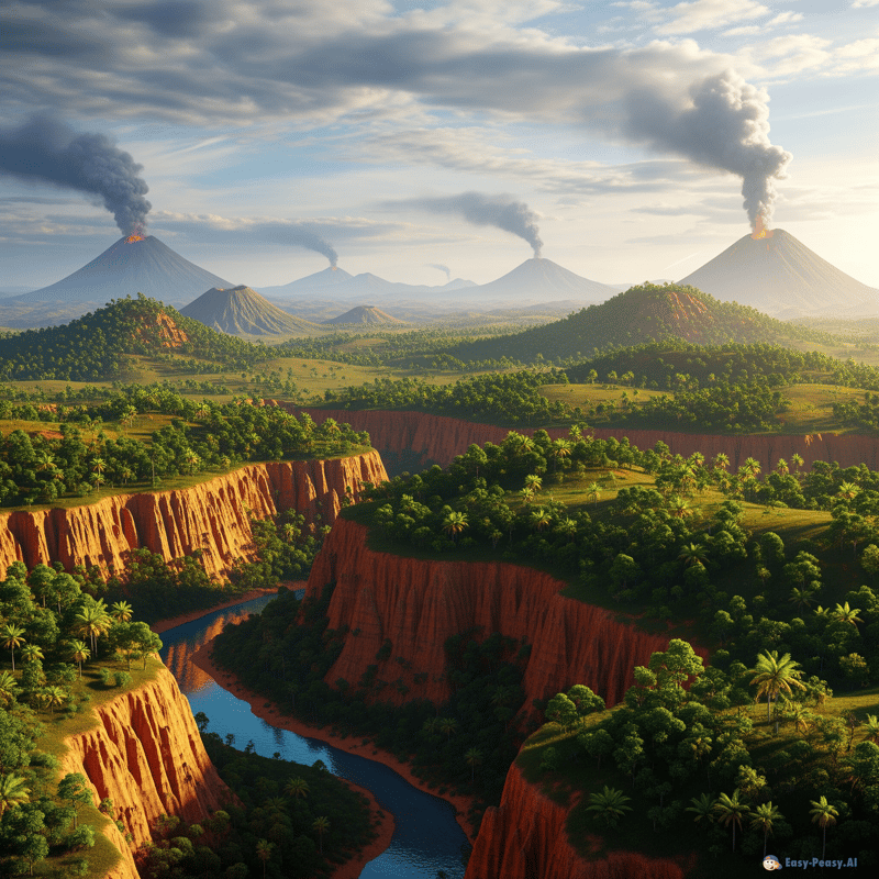 Majestic Canyons with Orange Sands and Smoke-Emitting Volcanoes