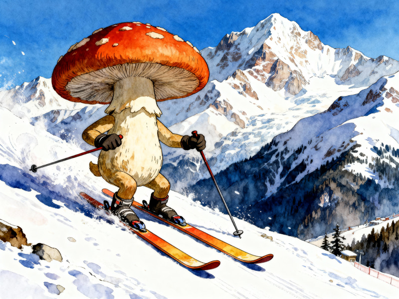 Whimsical Mushroom Skier Illustration