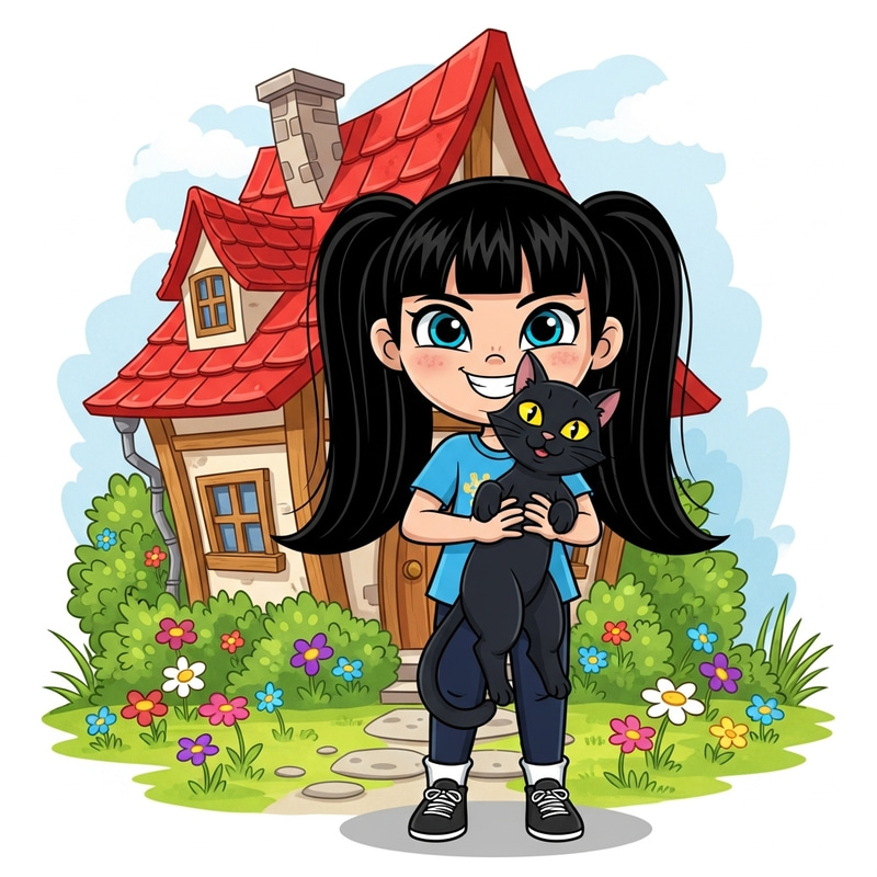 Cartoon Girl with Black Cat and House Image Cartoon Girl with Black Cat and House Image