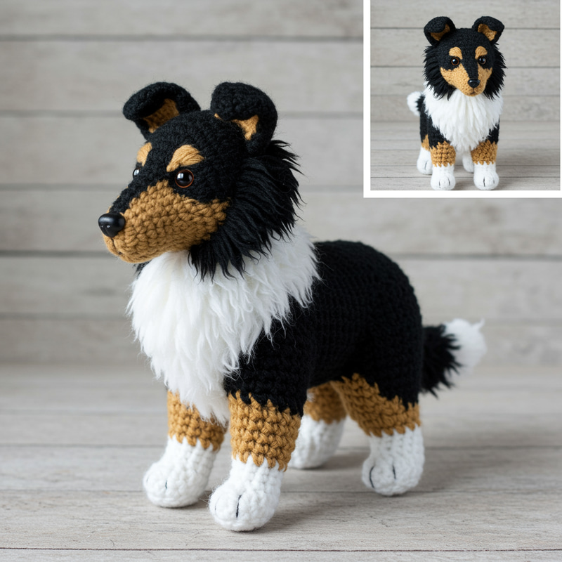 Häkelanleitung für Collie Kuscheltier in Schwarz Weiß Braun Häkelanleitung für Collie Kuscheltier in Schwarz Weiß Braun