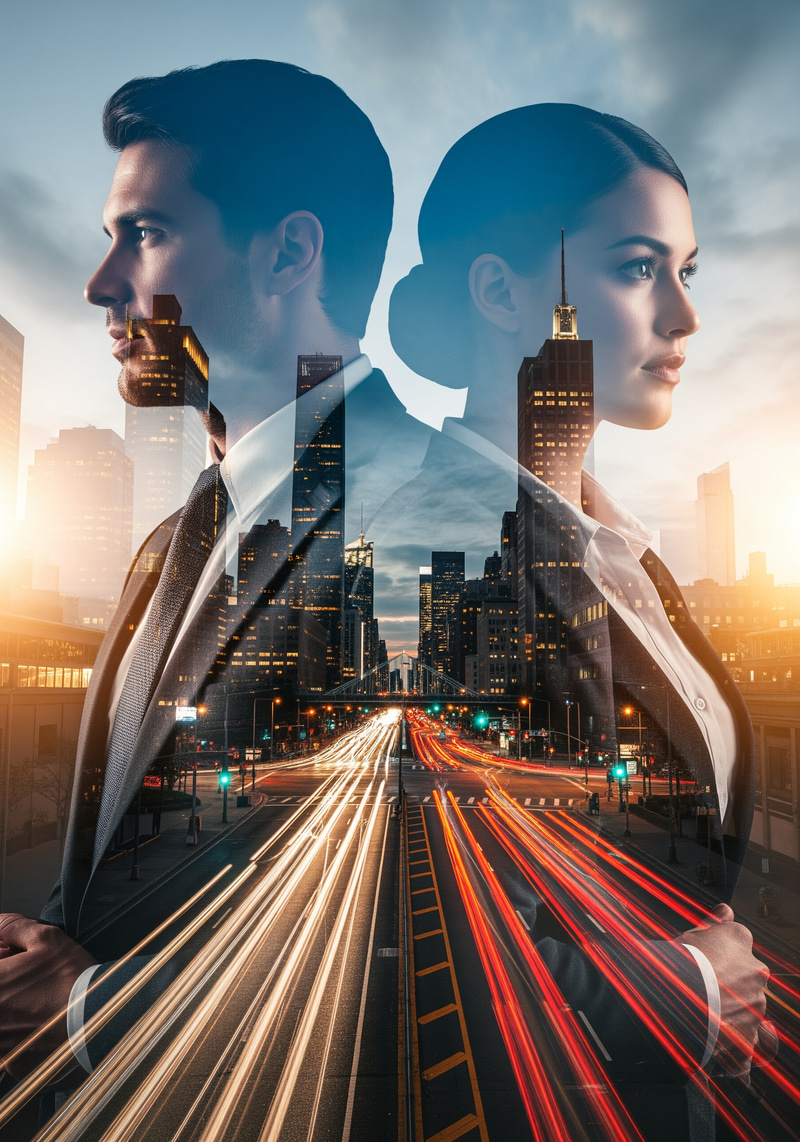 Double Exposure of Businessman & Businesswoman in City Double Exposure of Businessman & Businesswoman in City