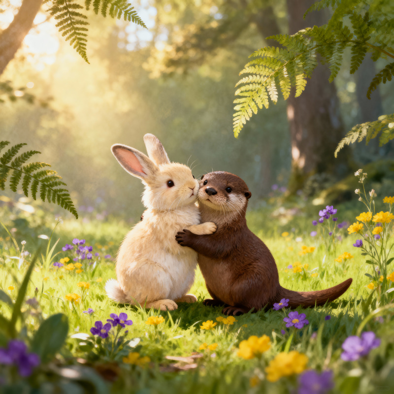 Whimsical Rabbit and Otter Embrace in a Forest Glade