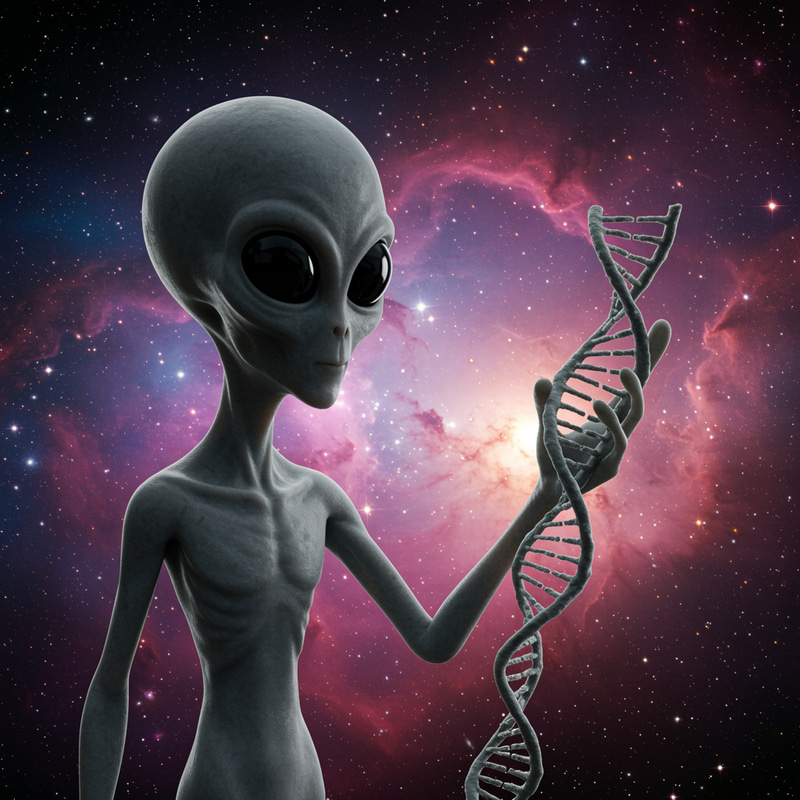 Grey Alien with DNA Strand in Colorful Universe Grey Alien with DNA Strand in Colorful Universe