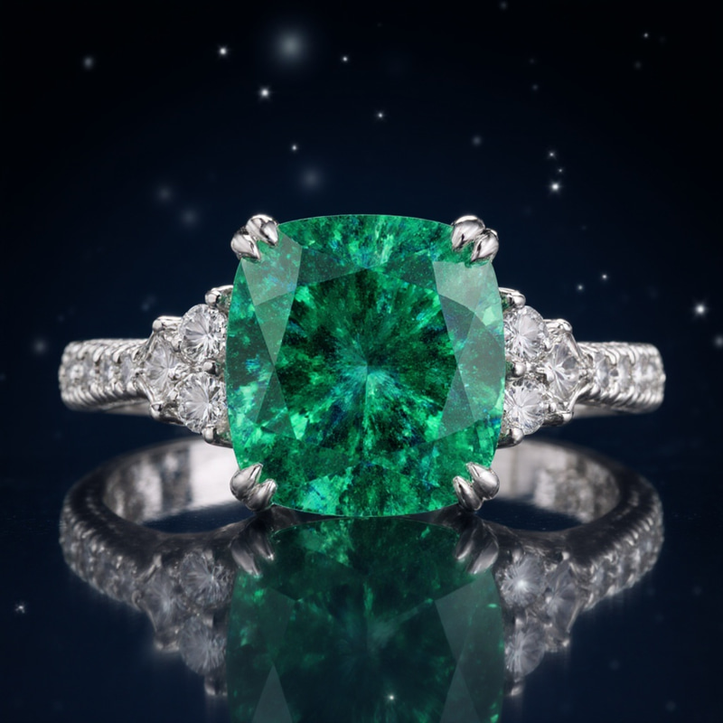 Elegant Cushion Emerald Engagement Ring in White Gold