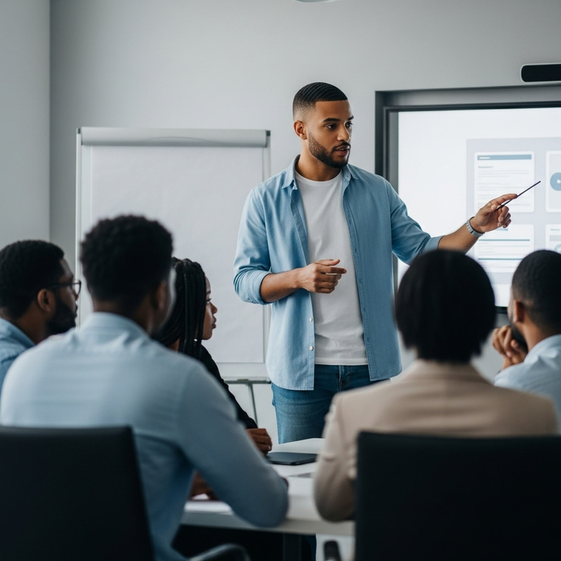 Confident Young African Presenter in Modern Meeting Room Confident Young African Presenter in Modern Meeting Room