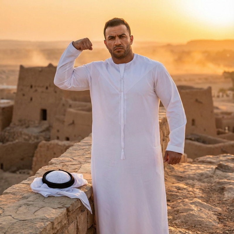Proud Saudi Man Flexing Muscles in Traditional Attire