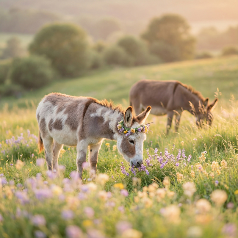 Whimsical Donkey Scene in a Sunlit Meadow