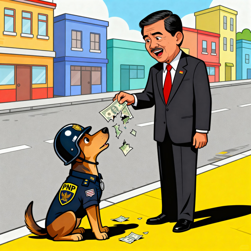 Cartoon Dog Police Officer Waiting for Politician's Gifts