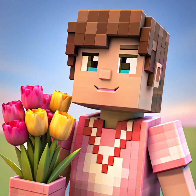 Minecraft Character with Tulips and Pink Shirt