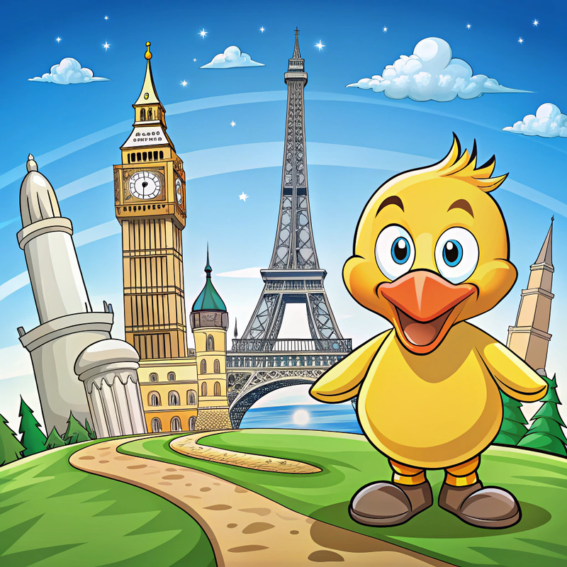 Funny Cartoon Duck at World Landmarks Funny Cartoon Duck at World Landmarks
