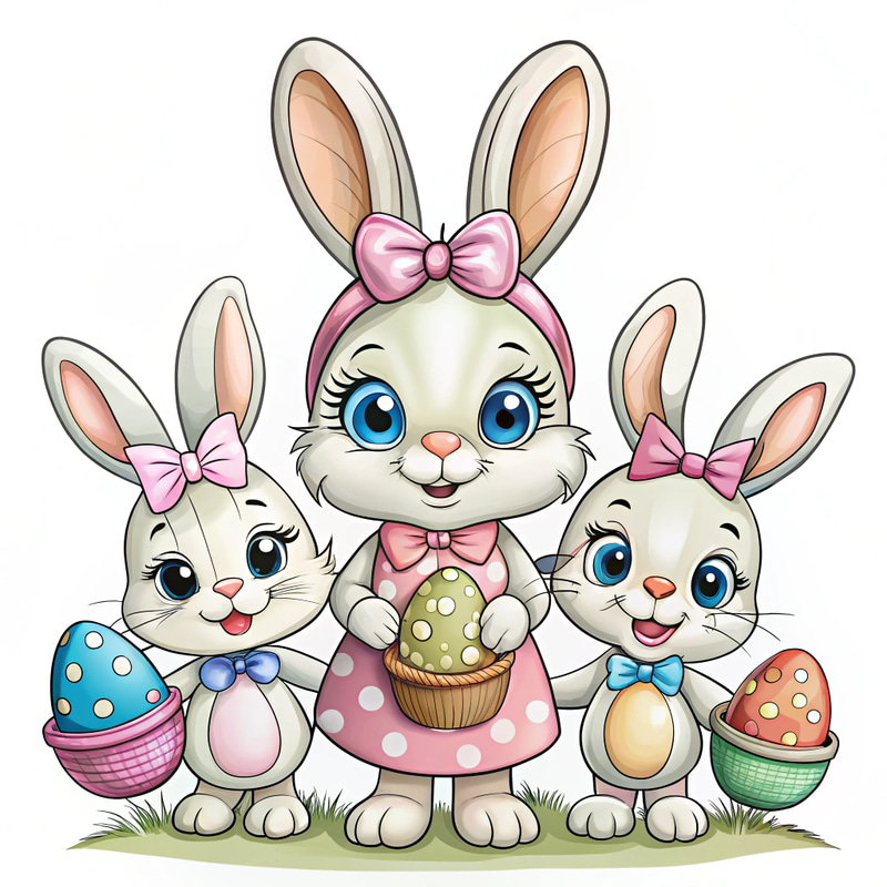 Cute Easter Bunny with Kids - Comic Style Coloring Page