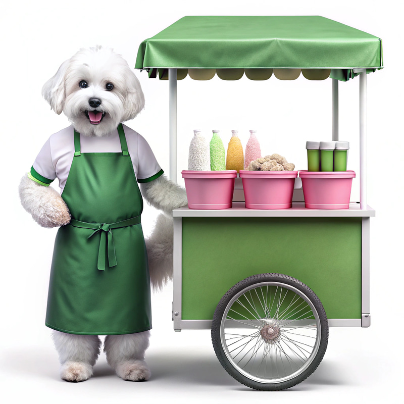 Adorable Dog Selling Goods at Pink Vending Cart Adorable Dog Selling Goods at Pink Vending Cart