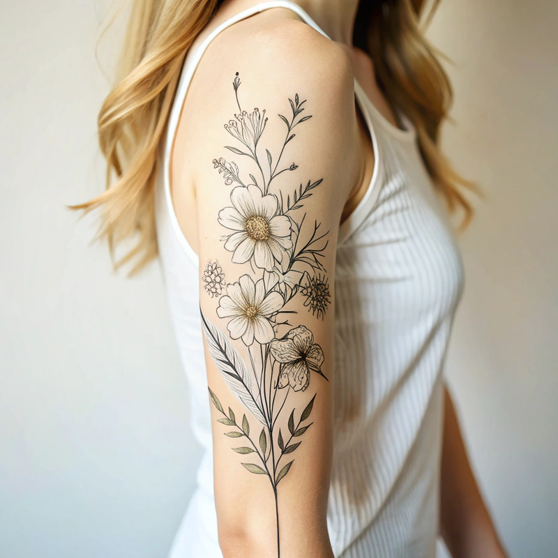 Elegant Fine Line Wildflower Tattoo for Women