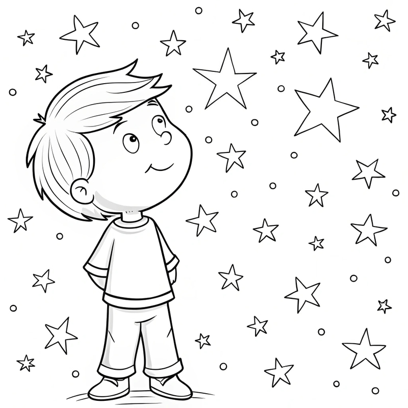 Cute Child Staring at Stars – Coloring Book Page