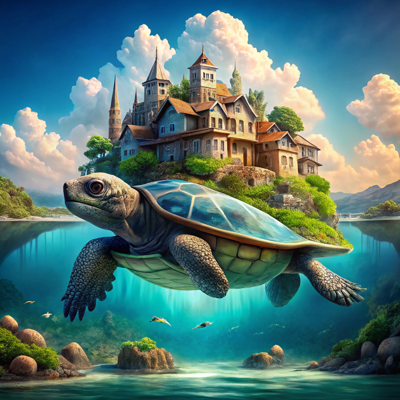 Whimsical Village on a Giant Turtle Whimsical Village on a Giant Turtle