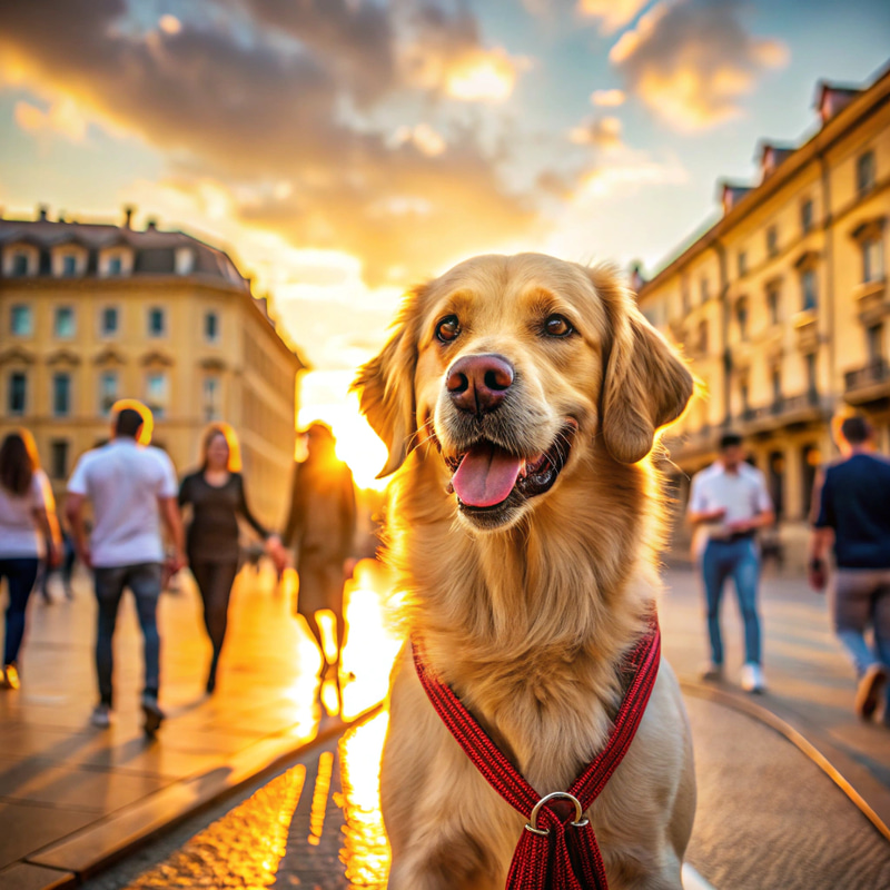 Happy Golden Retriever in Vibrant Cityscape