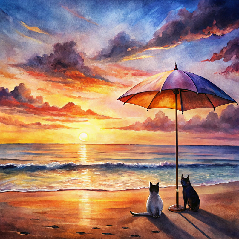 Serene Beach Sunset with Cats - Watercolor Painting Serene Beach Sunset with Cats - Watercolor Painting
