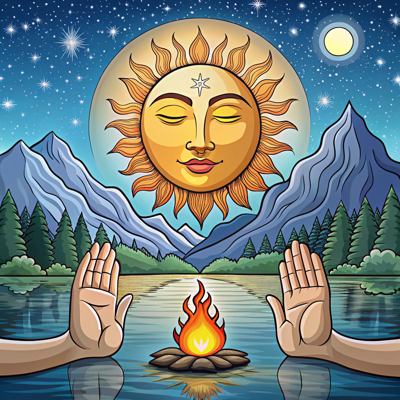 Serene God Floating Between Moon and Sun