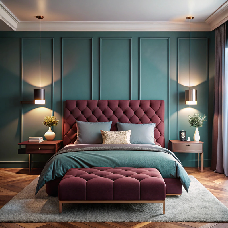 Cozy Modern Bedroom with Teal and Burgundy Accents Cozy Modern Bedroom with Teal and Burgundy Accents