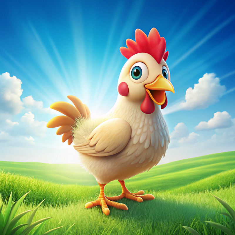 Cute Cartoon Chicken on Green Grass