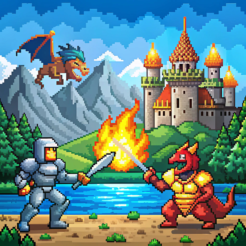 8-Bit Retro Video Game Battle: Knight vs Dragon 8-Bit Retro Video Game Battle: Knight vs Dragon
